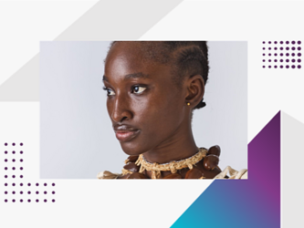 Young woman wearing traditional necklace, surrounded by graphics, as part of research about African creative businesses